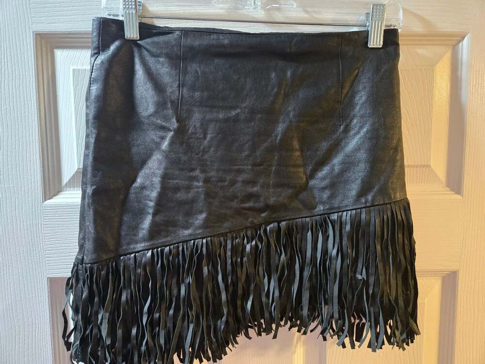 Intermix Leather Fringe Skirt Size S Black Mini